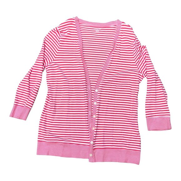 Lands End Striped Pink & White Cotton-Blend Button Cardigan Sweater Womens M - Picture 1 of 5